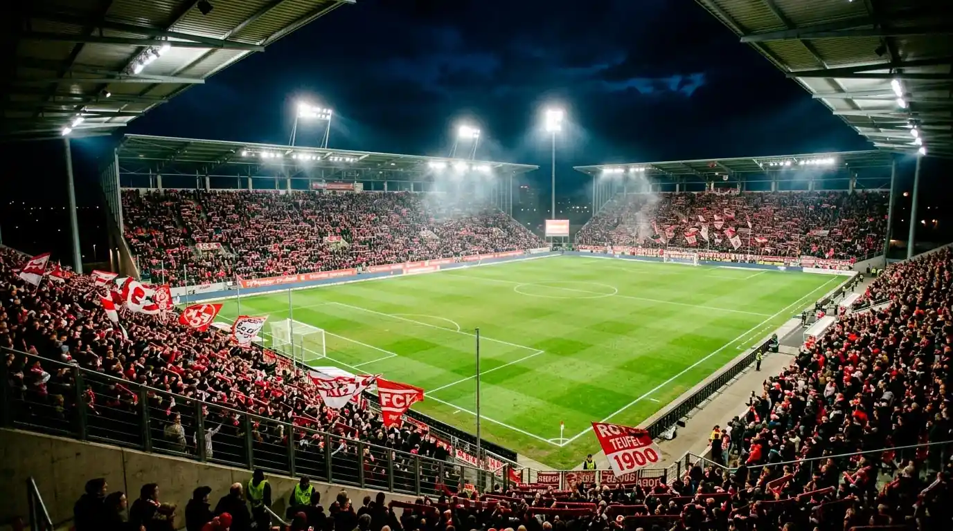Estadio lleno de la 2. Bundesliga durante un partido nocturno con aficionados y focos iluminando el campo de fútbol