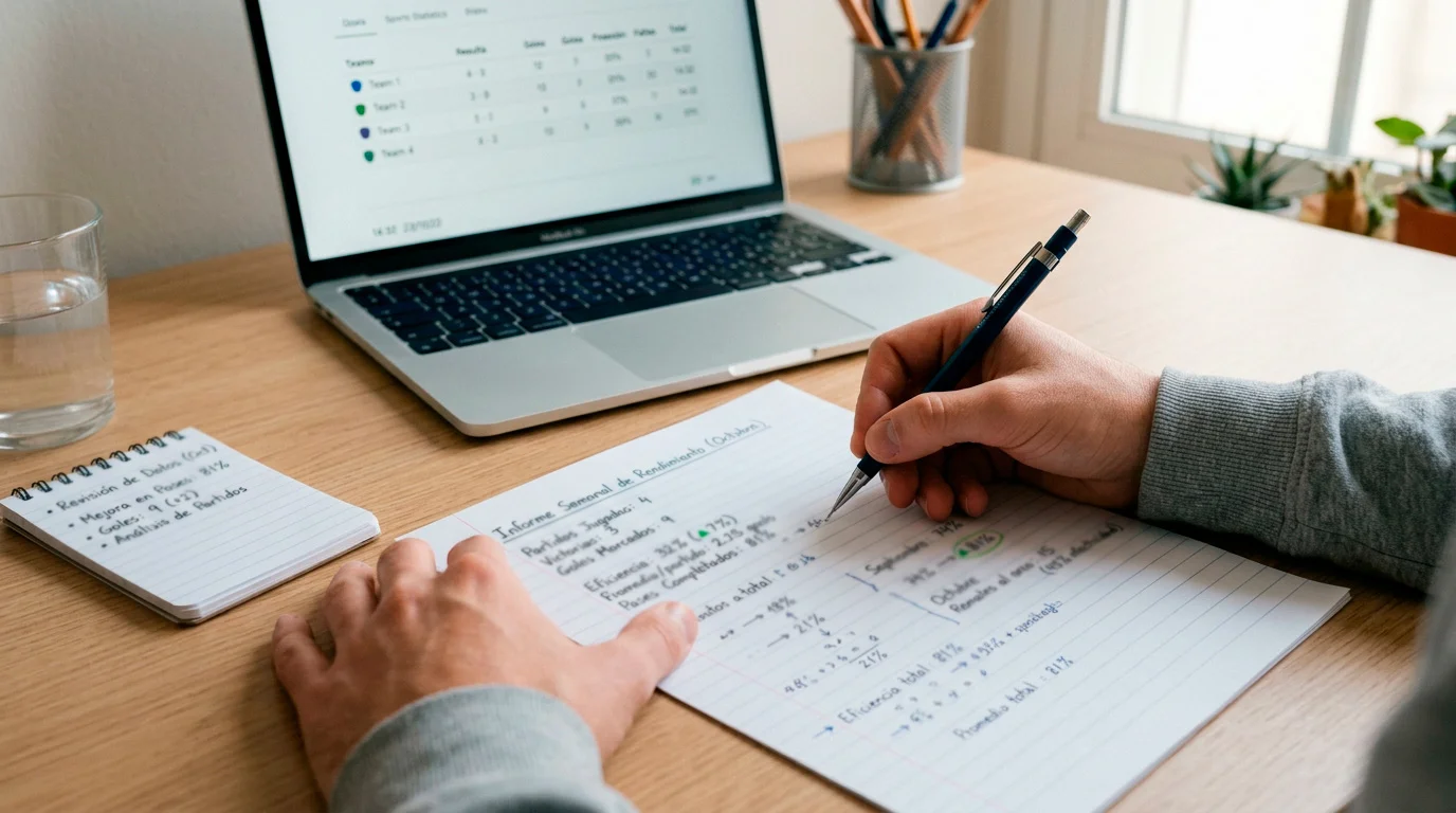 Persona analizando cuotas de apuestas deportivas en un portátil con notas y un documento de estrategia de value betting sobre una mesa de trabajo