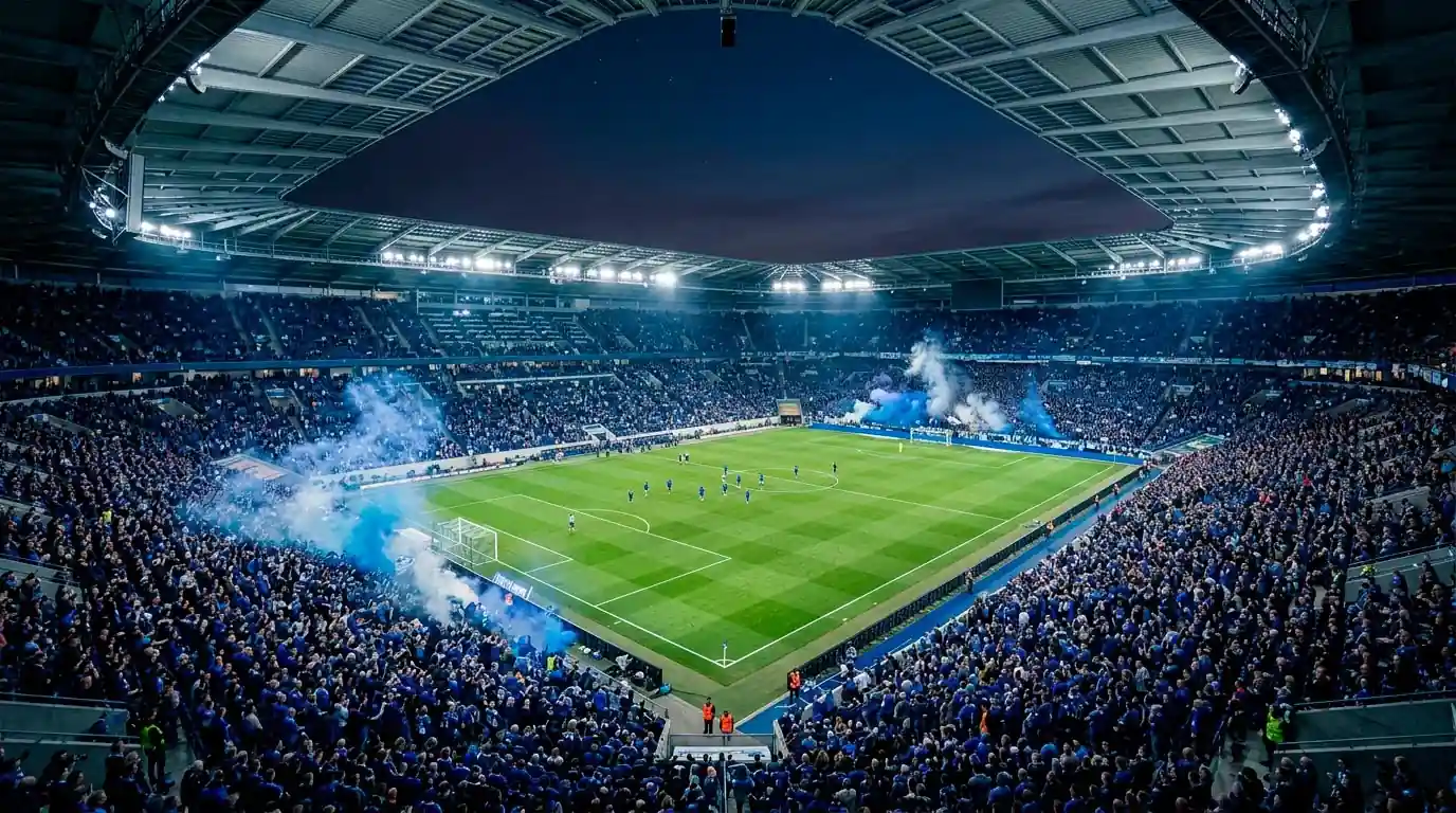 Vista panorámica del Veltins-Arena de Schalke 04 con más de 60 000 aficionados en un partido de la 2. Bundesliga bajo iluminación artificial